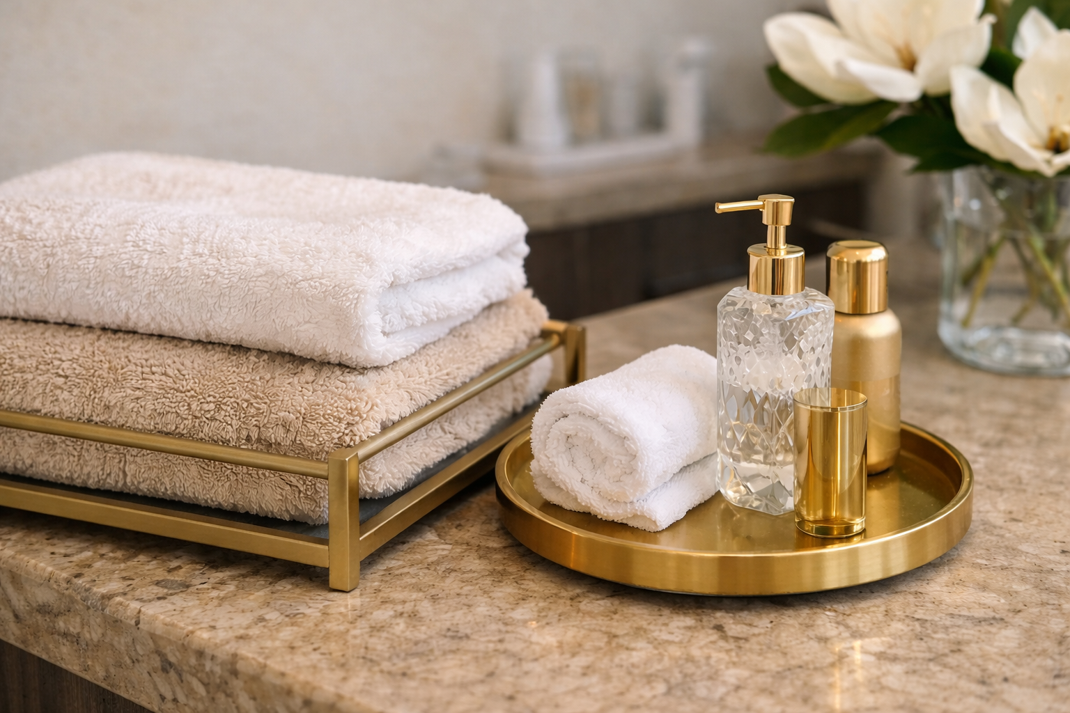 Luxury spa setting with folded towels, gold accessories, and premium skincare products